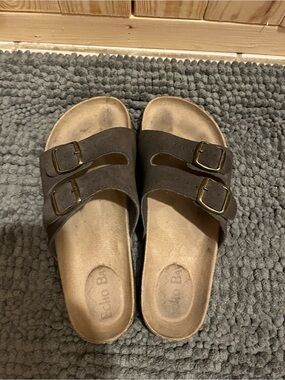 Double-Buckle Brown Slide Sandals